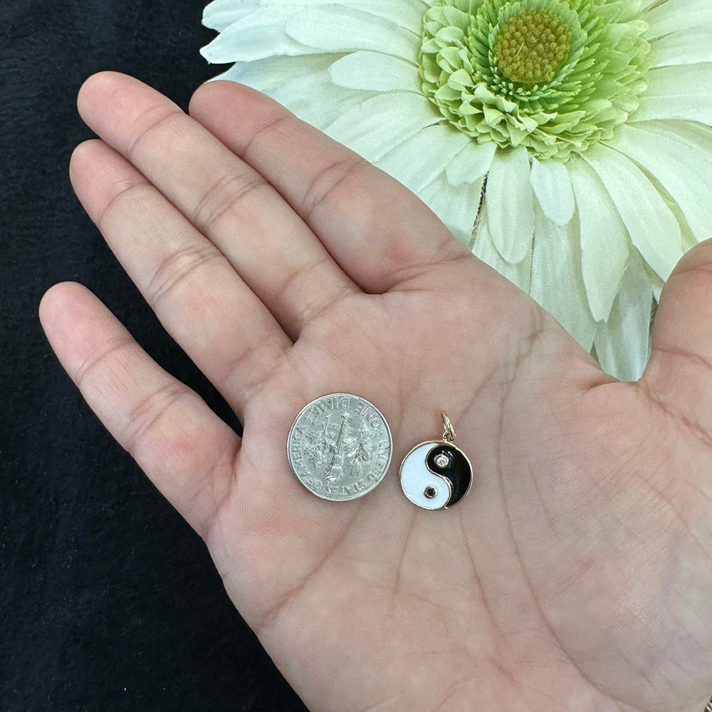 Diamond Black & White Enamel Ying Yang Pendant 12mm