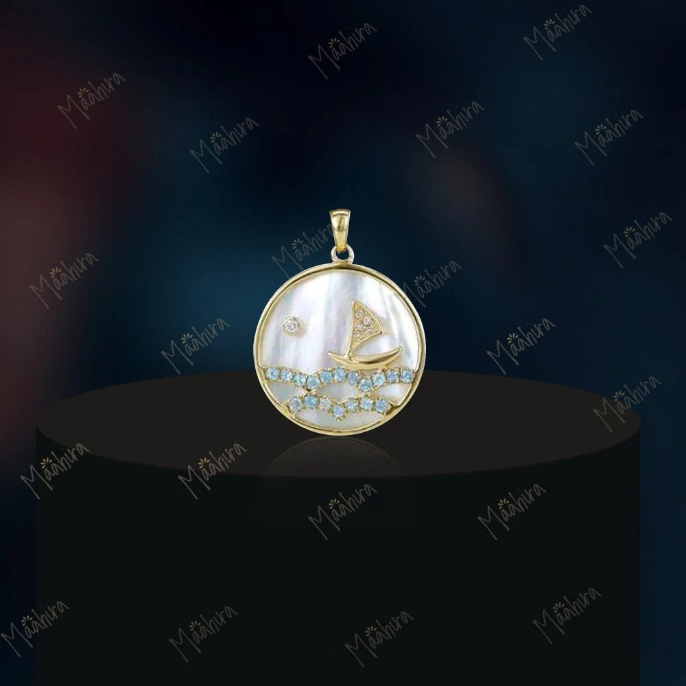 Diamond & Blue Topaz Mother Of Pearl Pendant 20mm