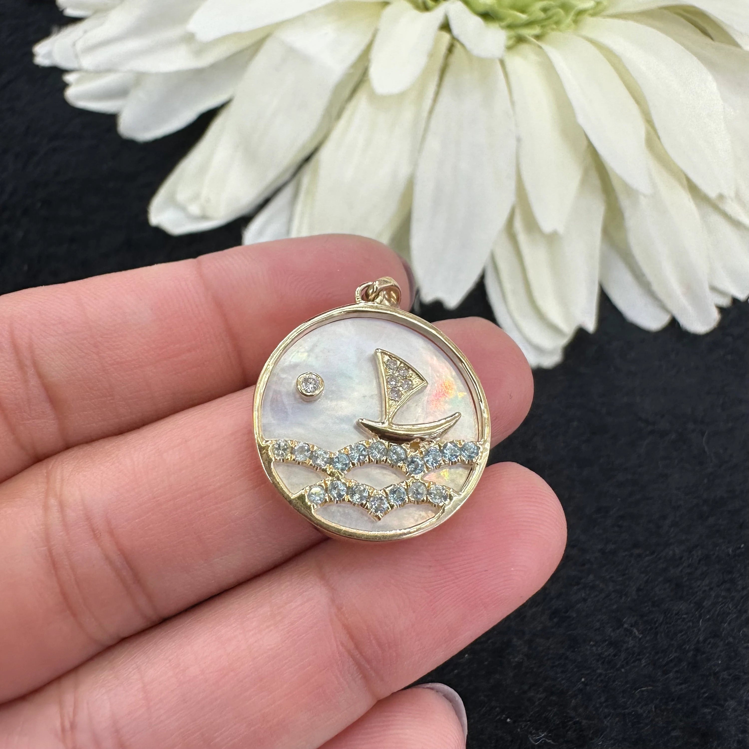 Diamond & Blue Topaz Mother Of Pearl Pendant 20mm
