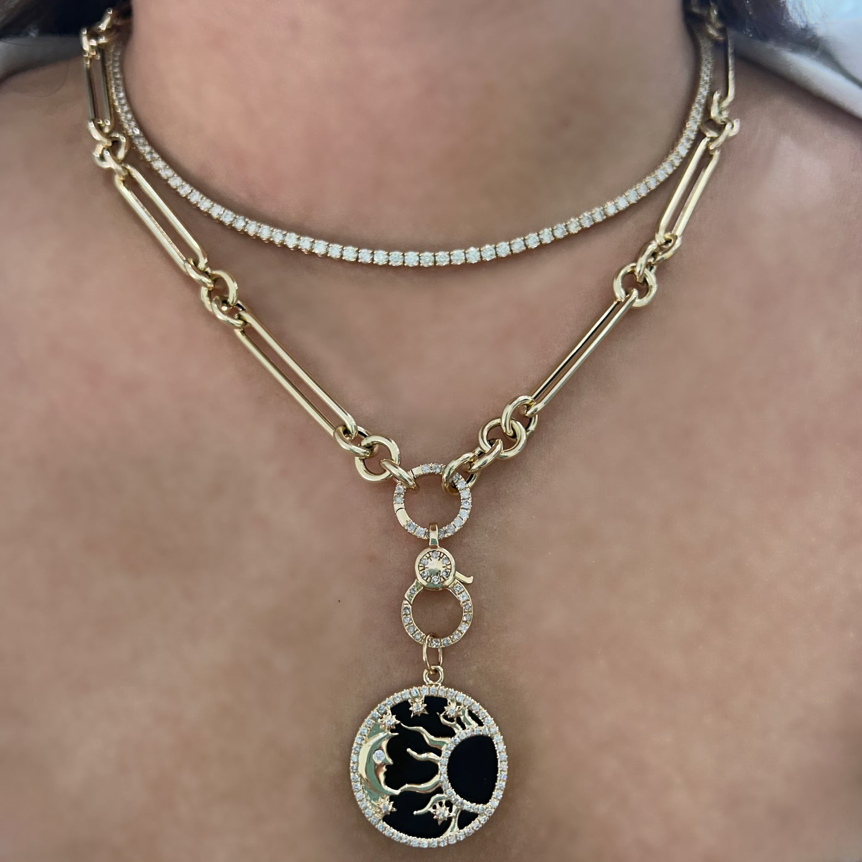 Diamond & Onyx Moon Star Sun Pendant 22mm