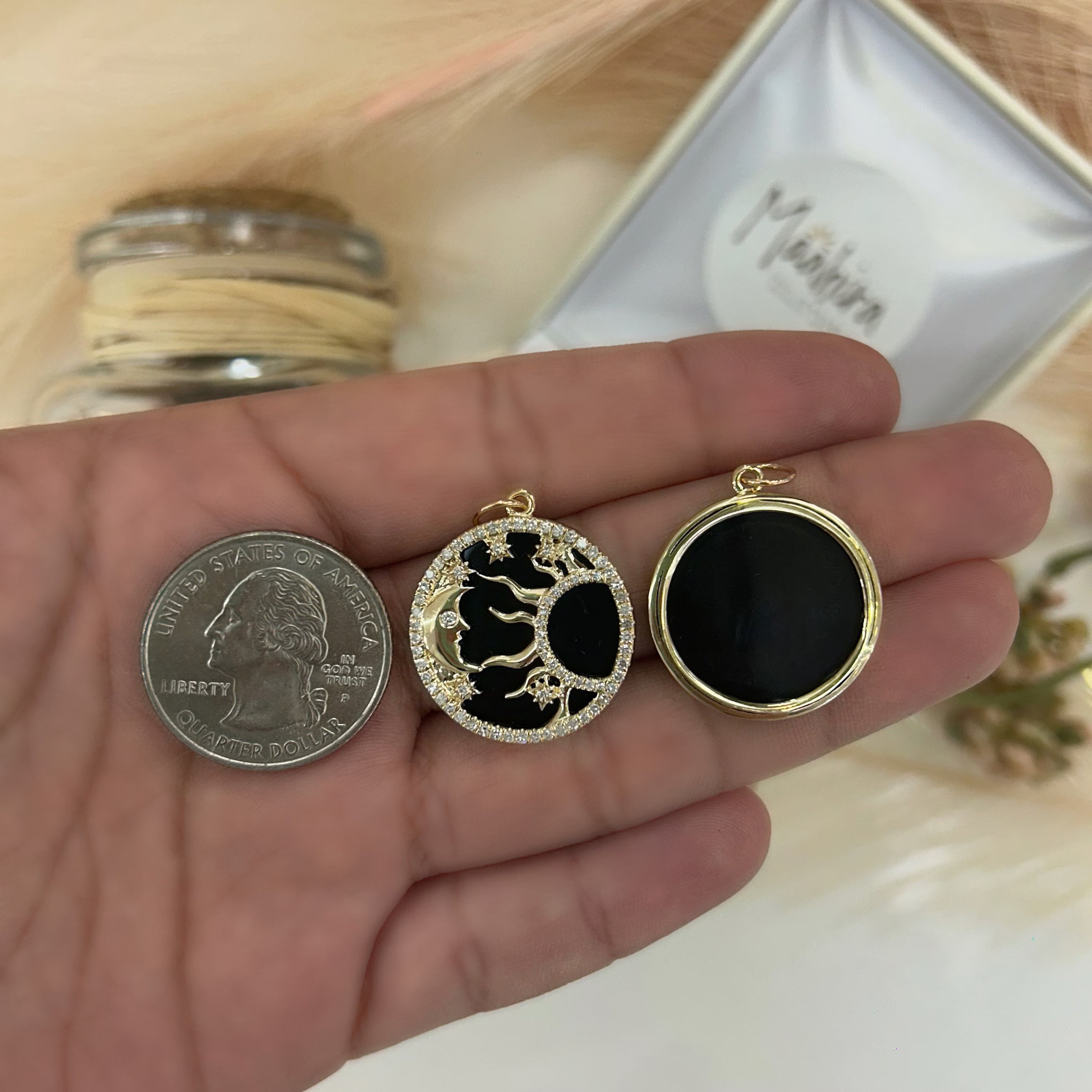 Diamond & Onyx Moon Star Sun Pendant 22mm
