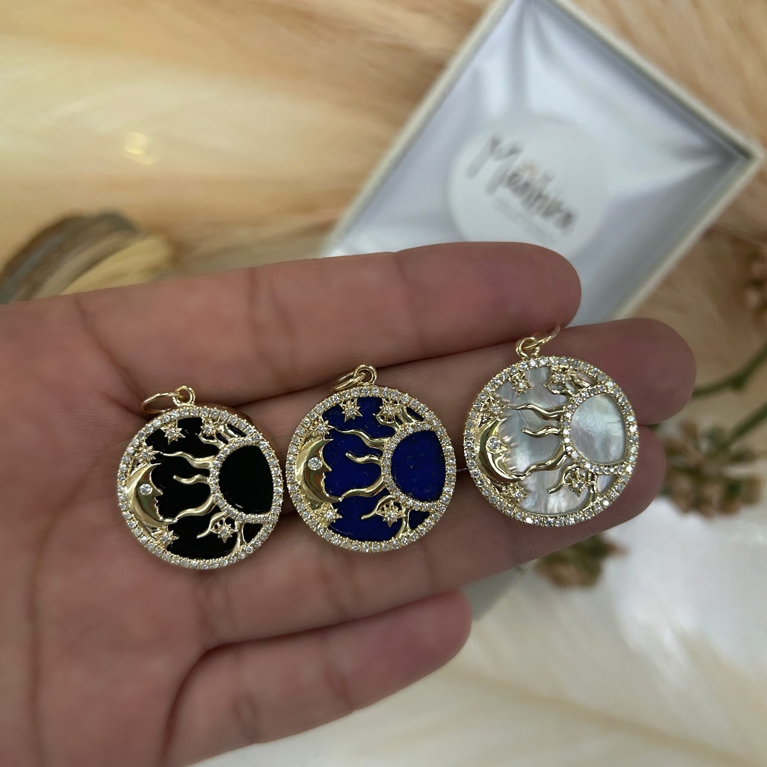 Diamond & Onyx Moon Star Sun Pendant 22mm