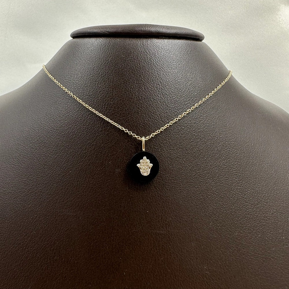 Onyx & Diamond Hamsa Hand Disc Pendant