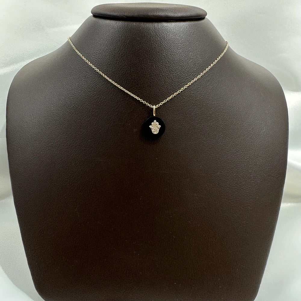 Onyx & Diamond Hamsa Hand Disc Pendant