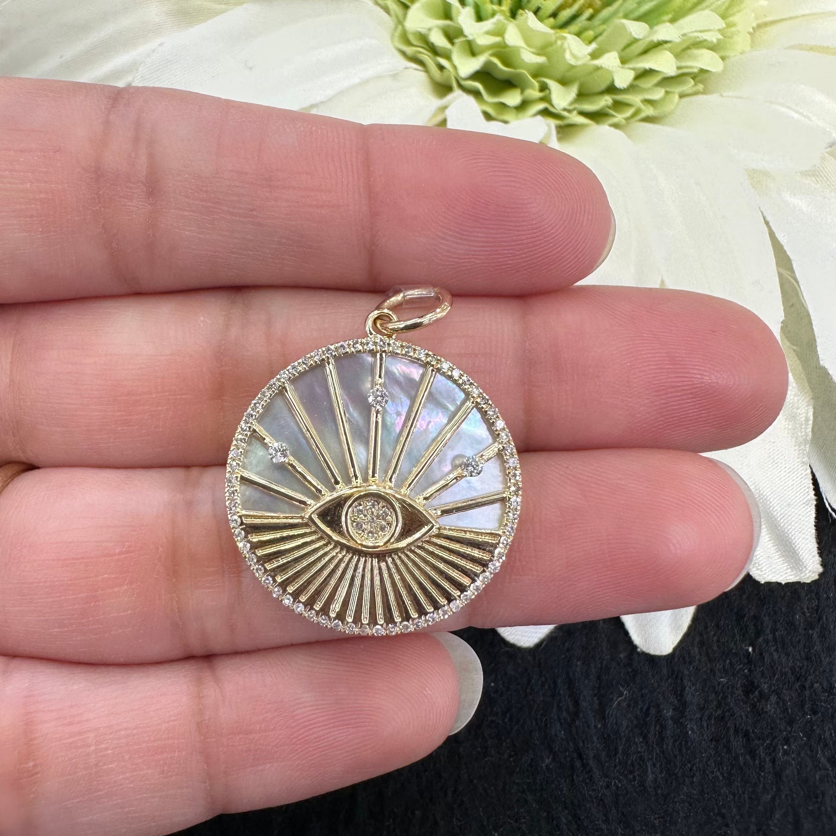 Oval Diamond & Mother Of Pearl Evil Eye Pendant