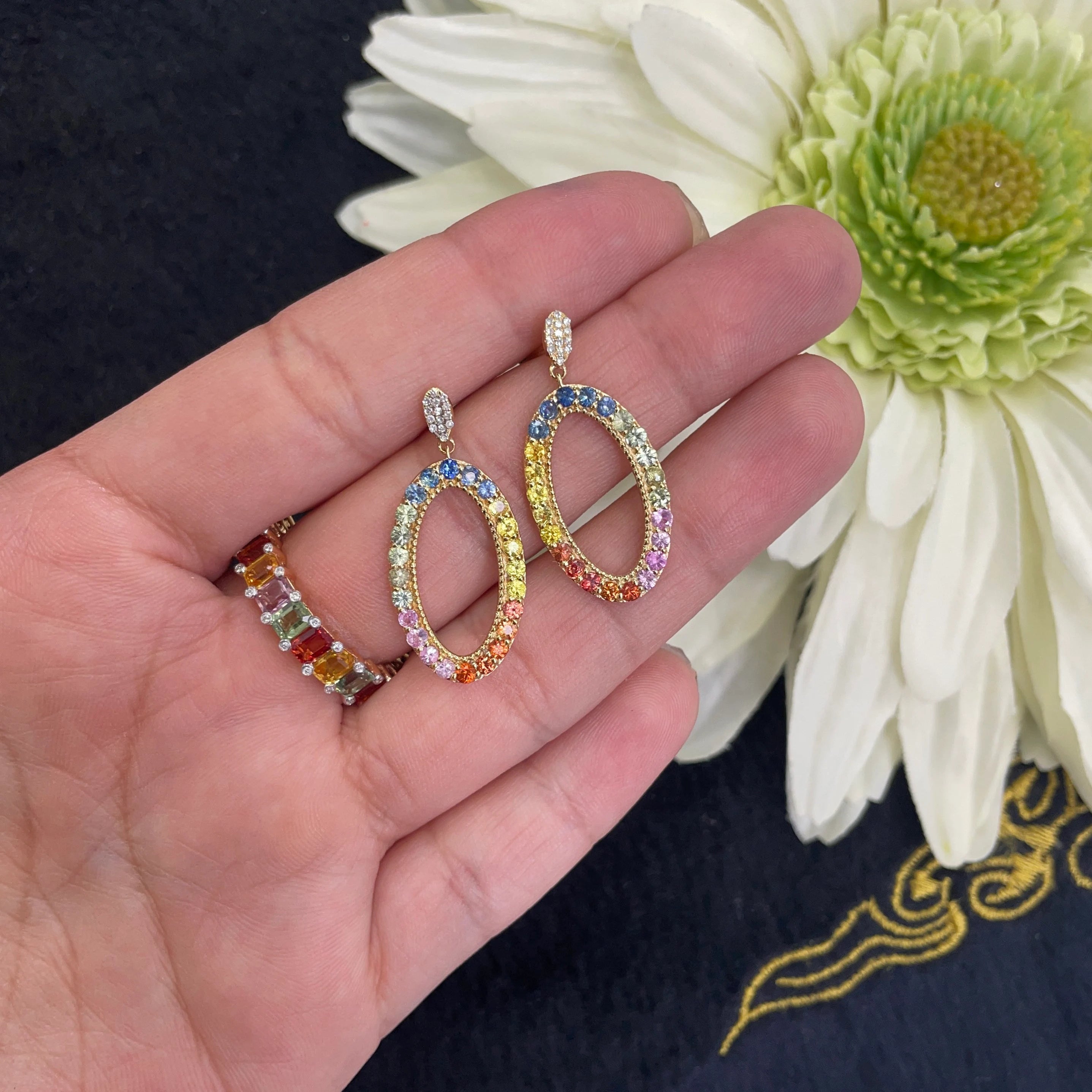 Classic Multi Sapphire Earring in 14k Yellow gold 28x14