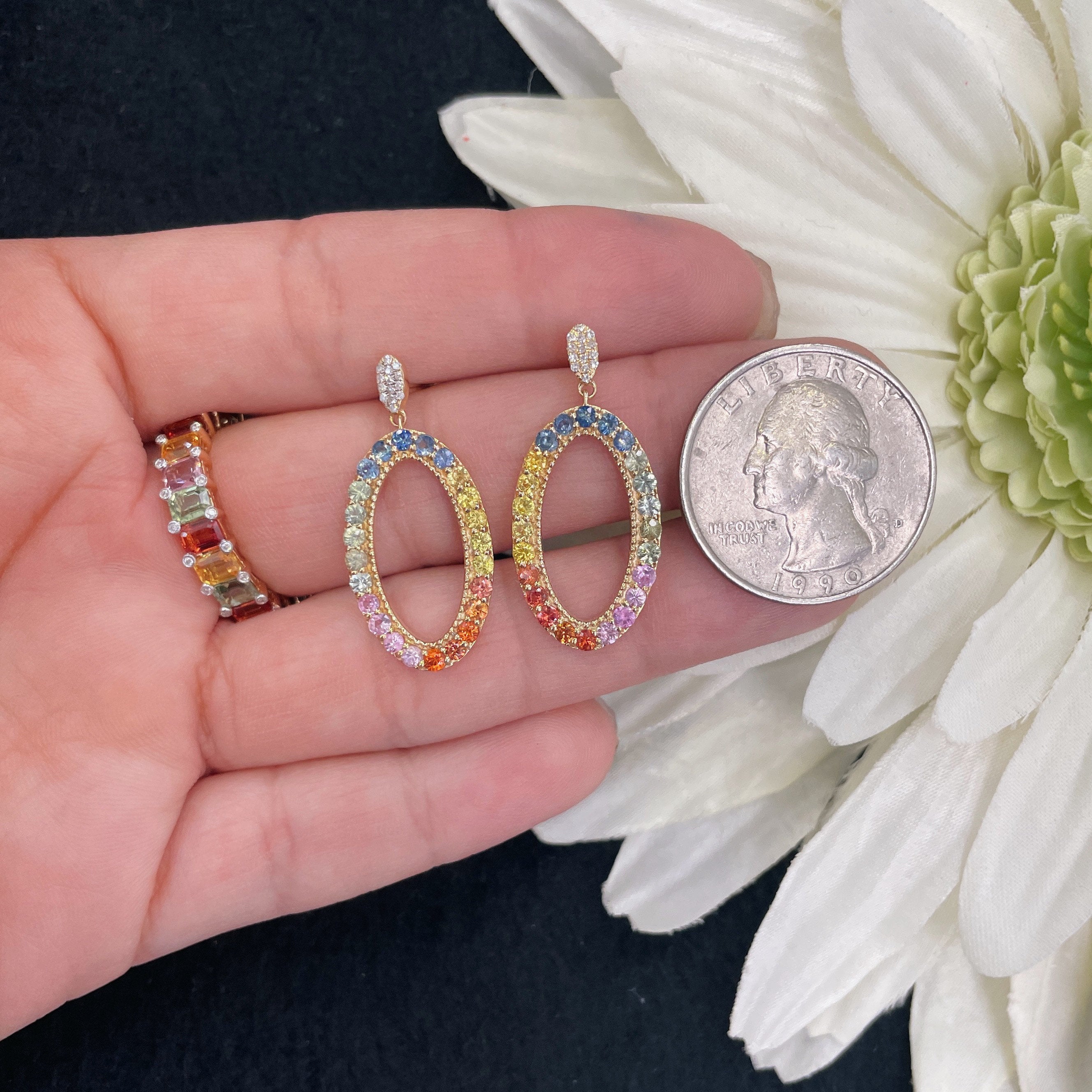 Classic Multi Sapphire Earring in 14k Yellow gold 28x14