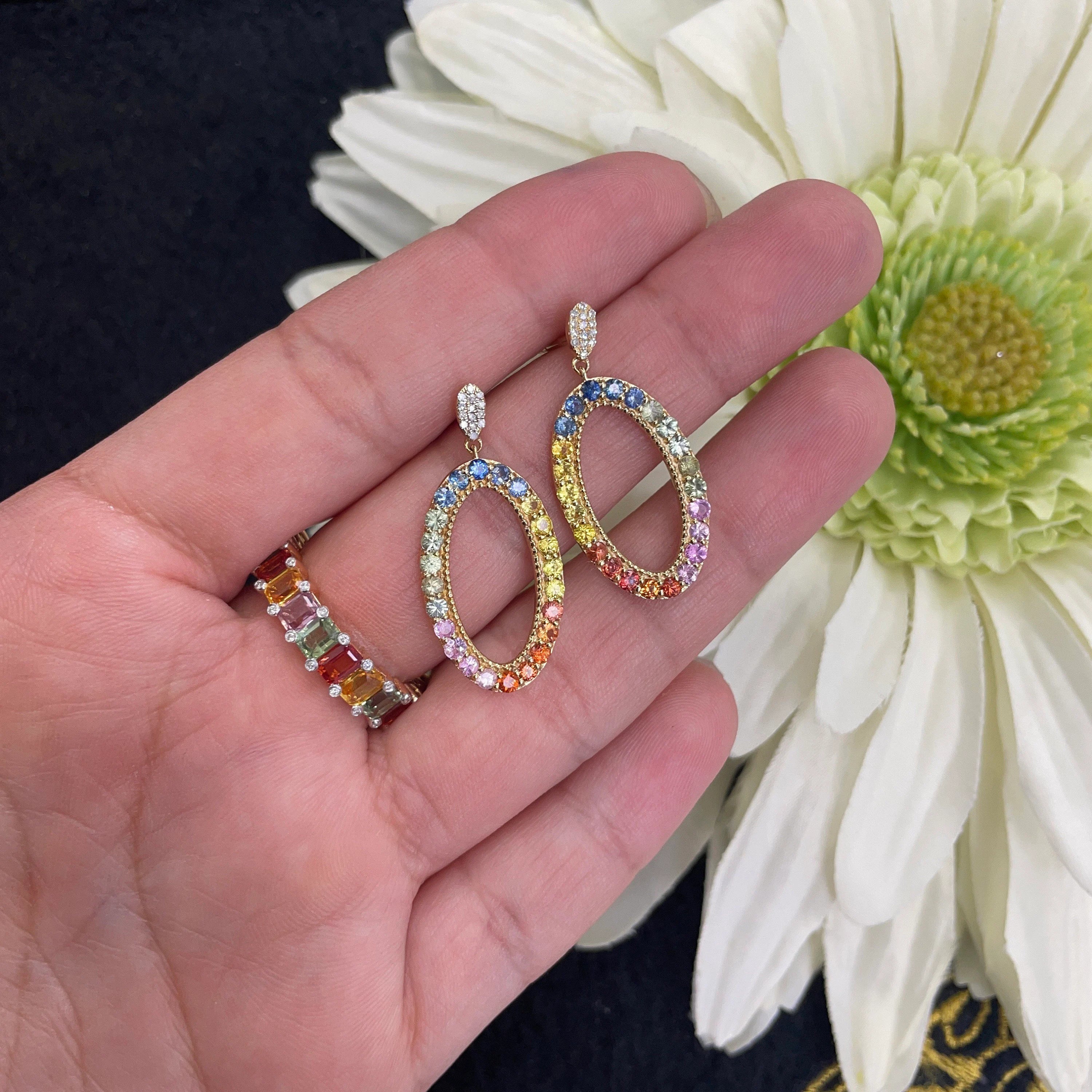 Classic Multi Sapphire Earring in 14k Yellow gold 28x14