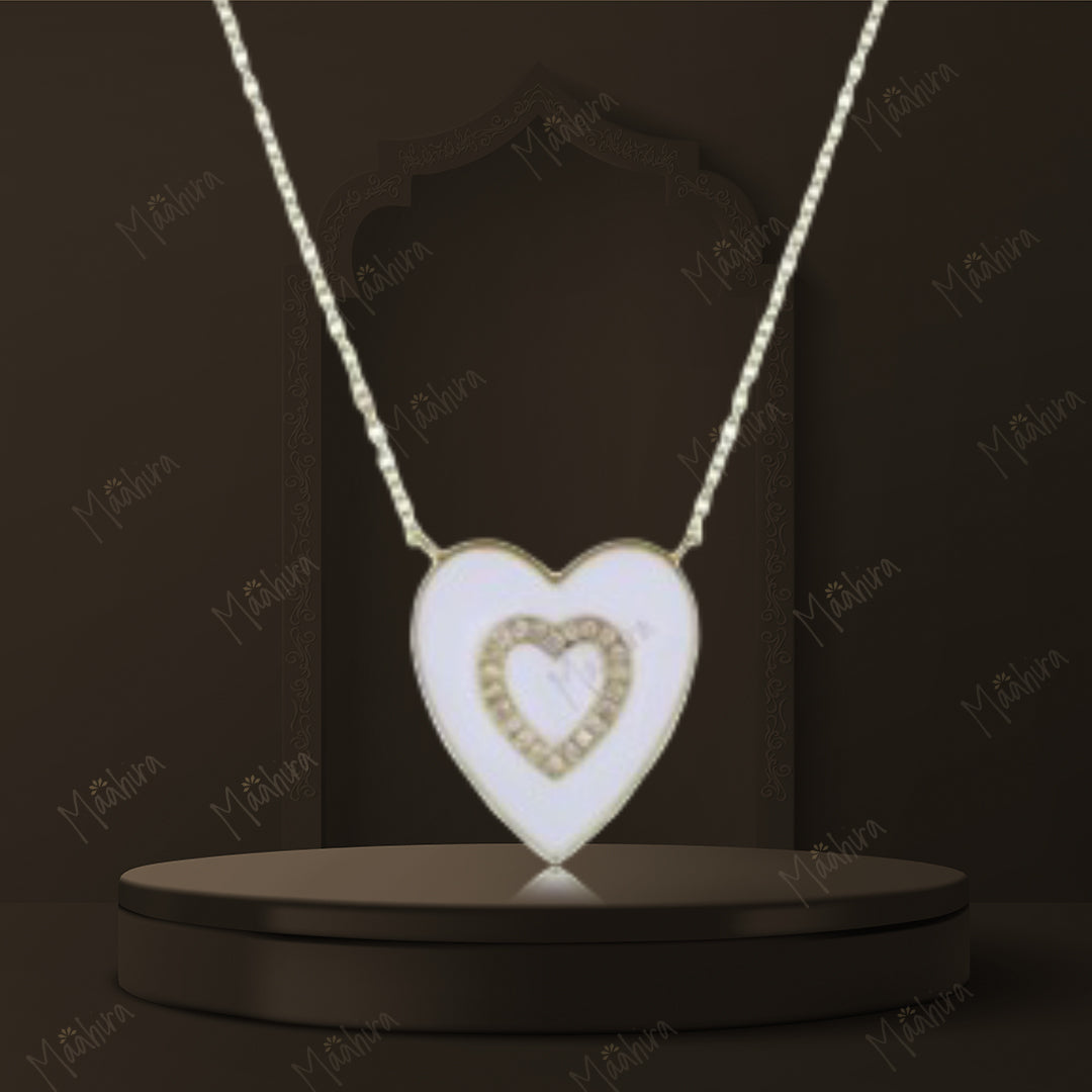 Diamond Heart White Enamel Necklace