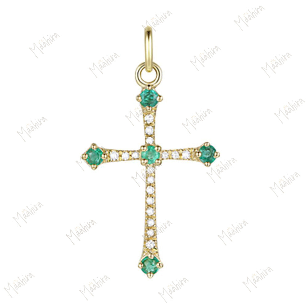 Emerald & Diamond Cross Sign Pendant 20x13mm