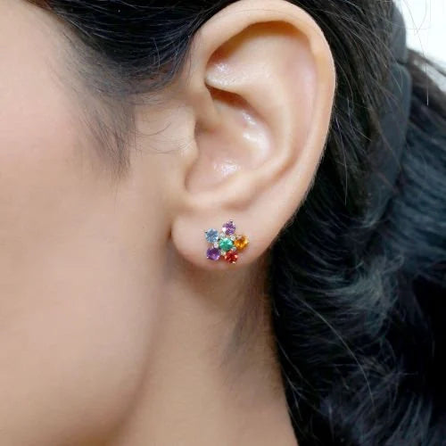 Diamond & Multi Color Flower Stud Earrings