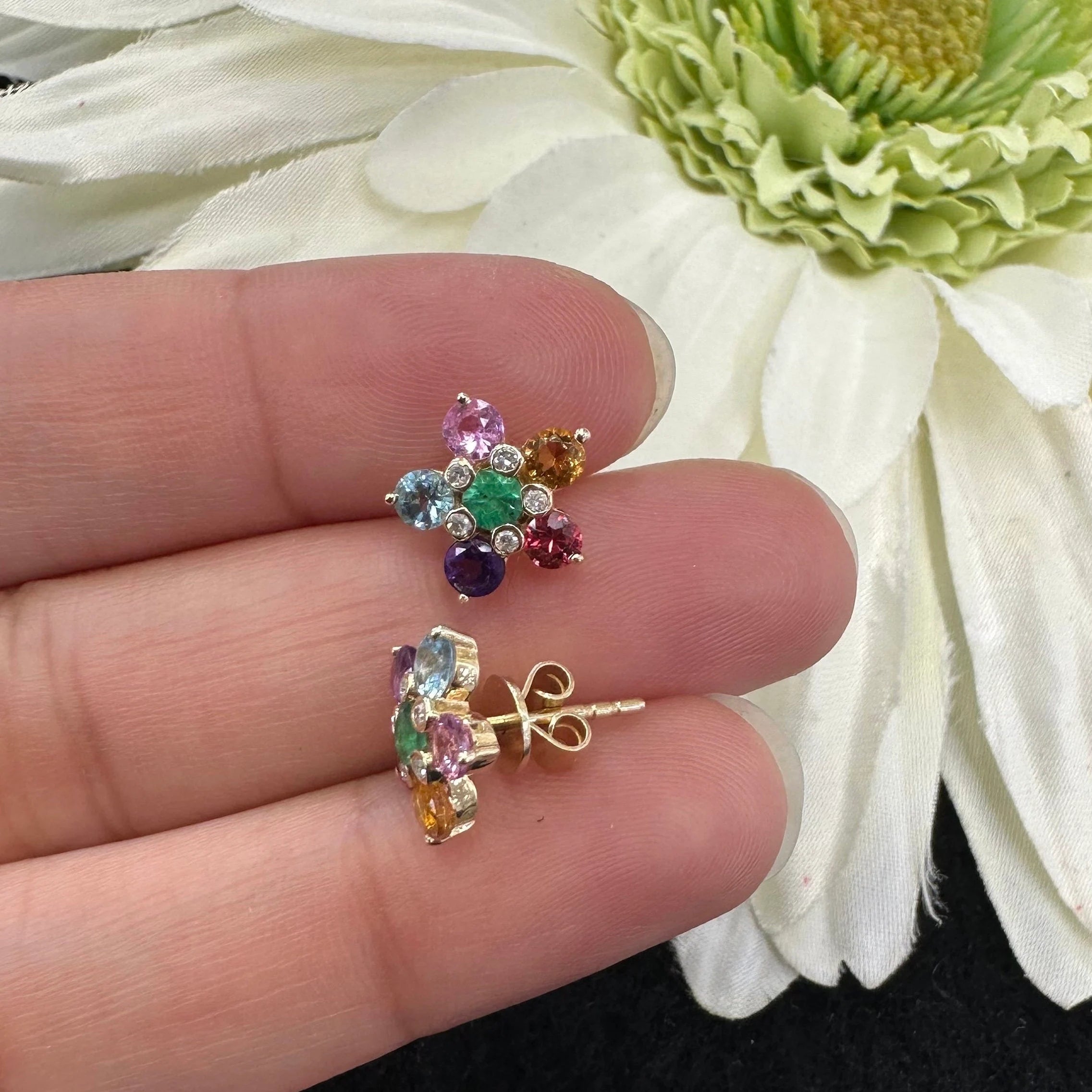 Diamond & Multi Color Flower Stud Earrings