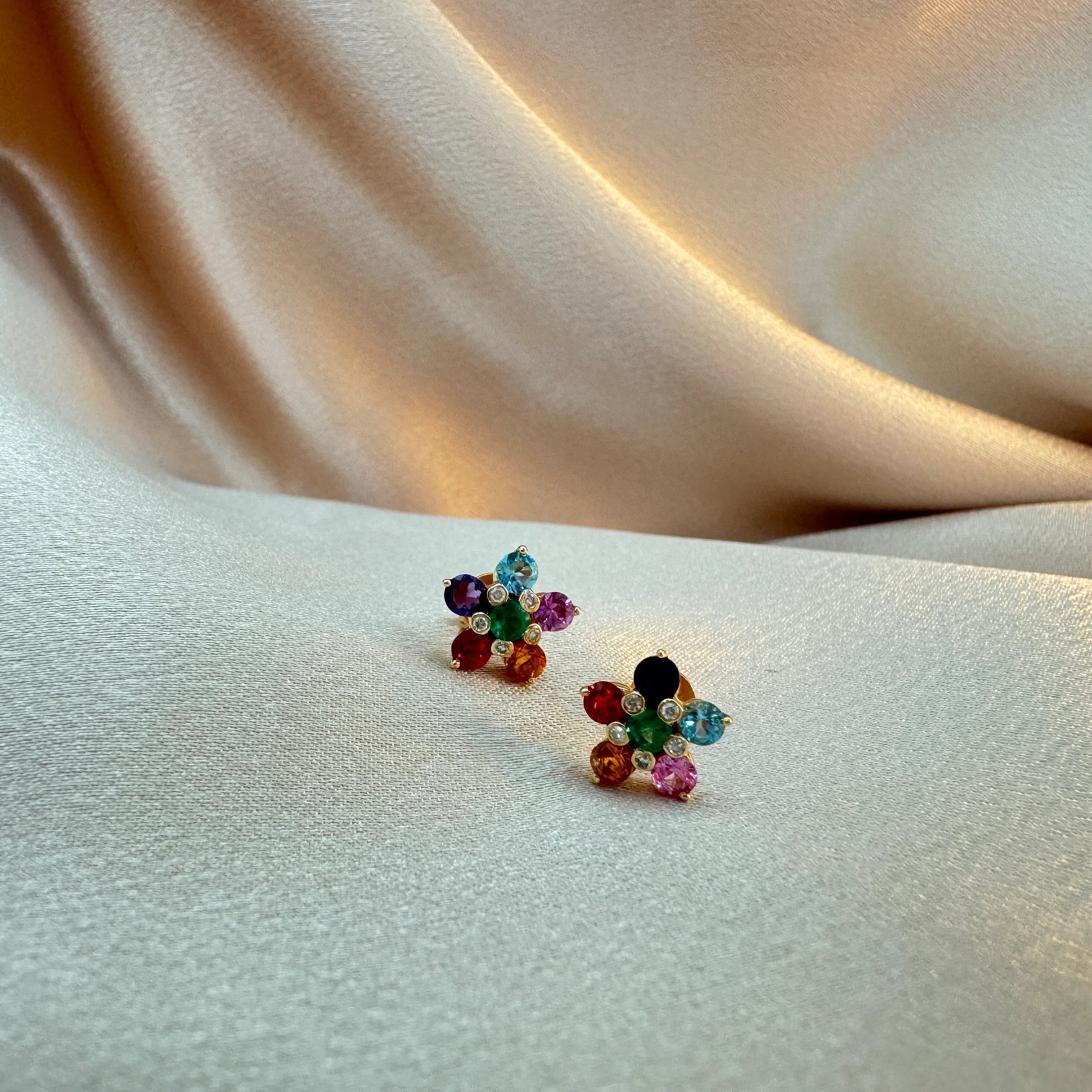 Diamond & Multi Color Flower Stud Earrings