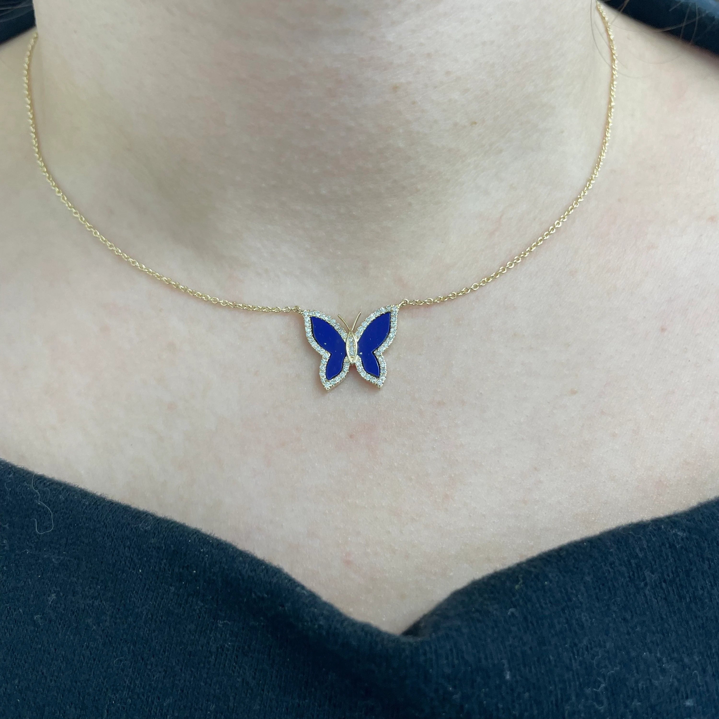 Diamond & Lapis Butterfly Necklace 14x17mm
