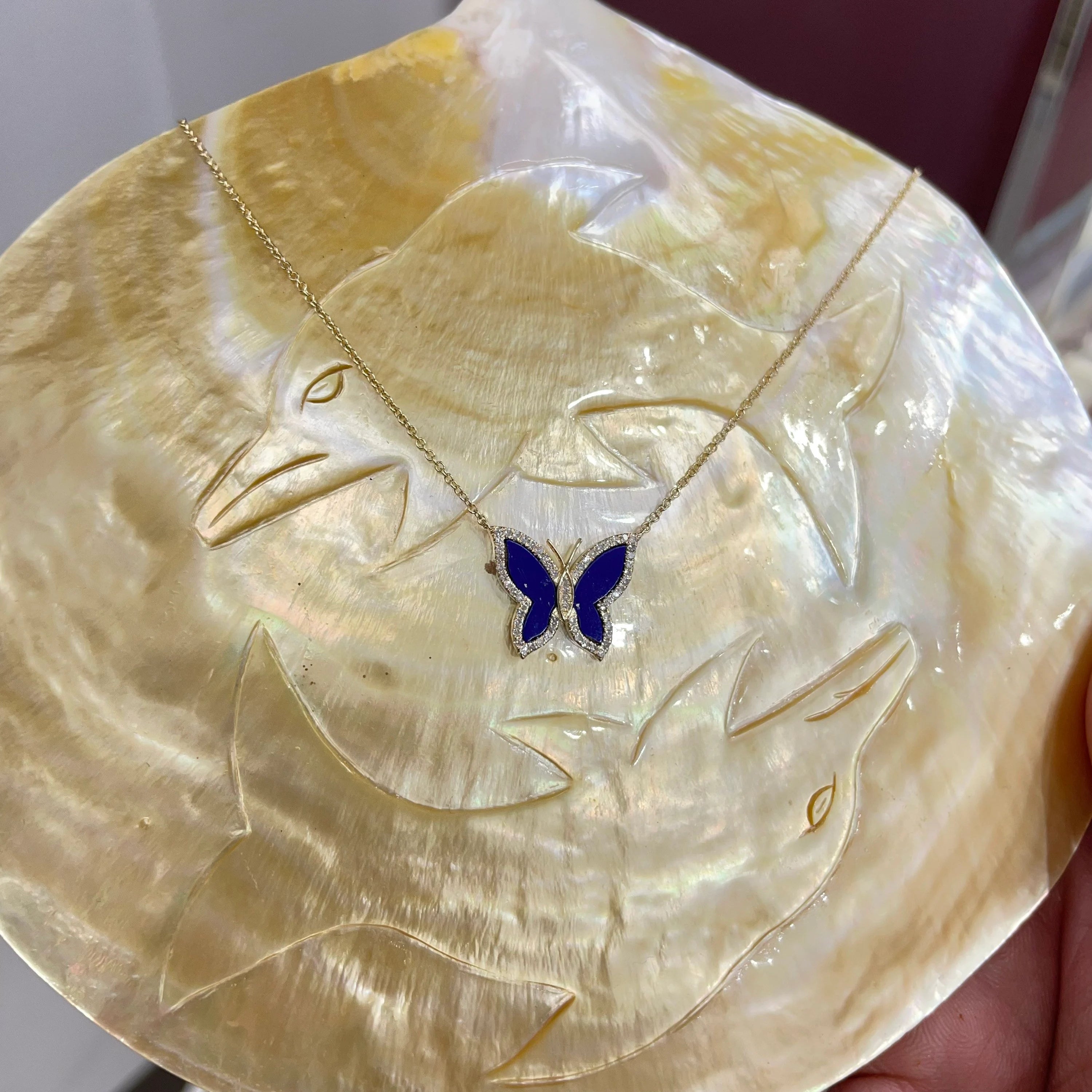 Diamond & Lapis Butterfly Necklace 14x17mm
