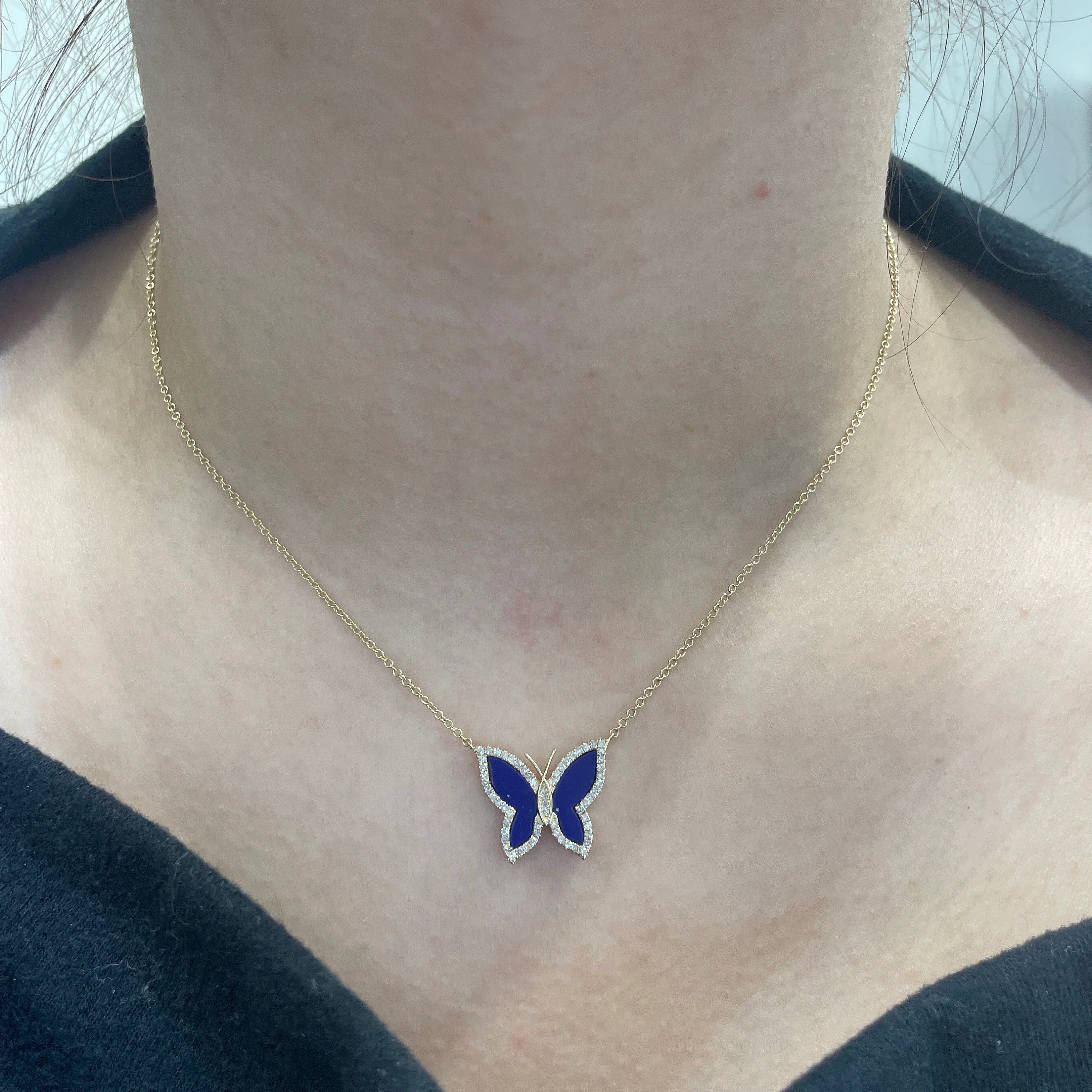 Diamond & Lapis Butterfly Necklace 14x17mm