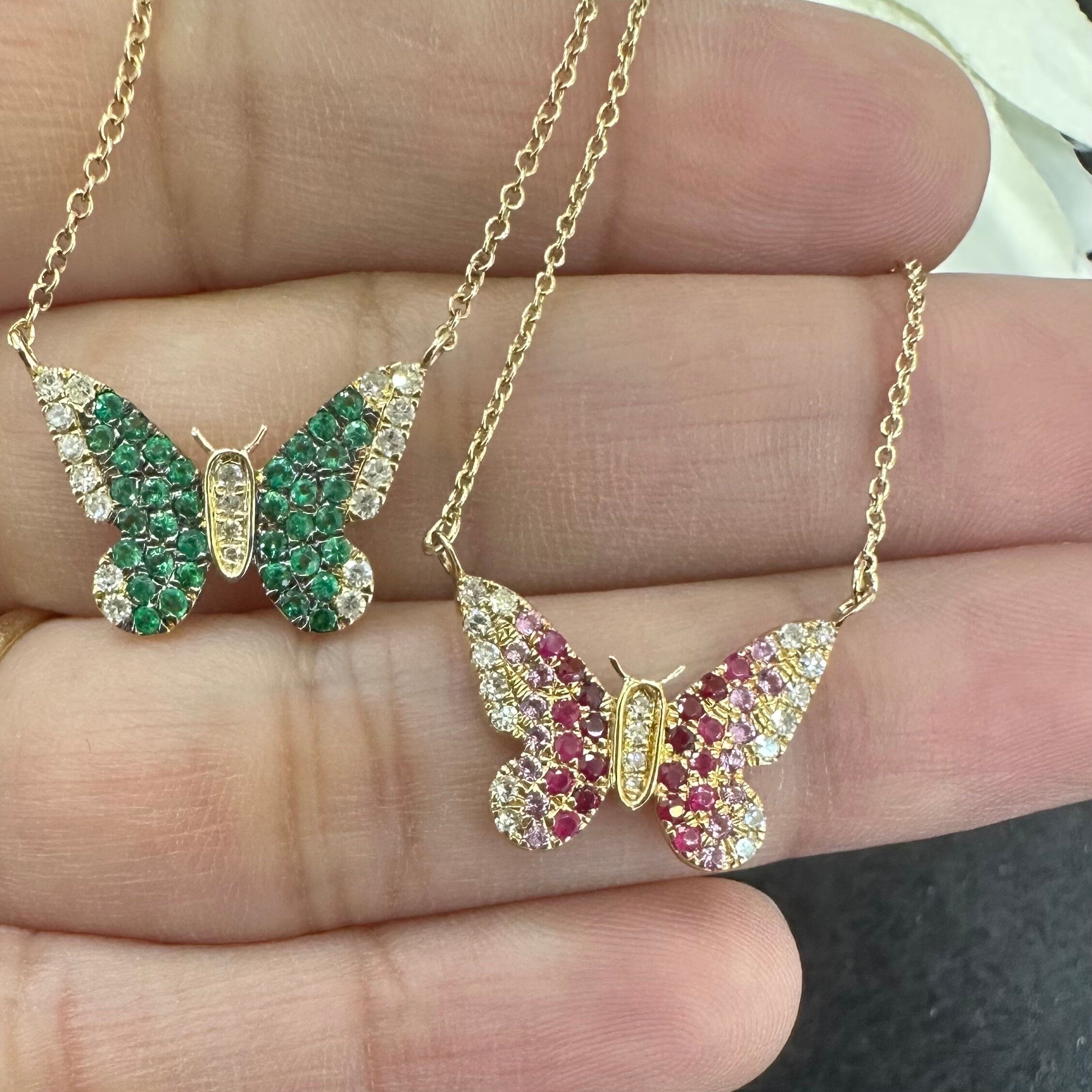 Diamond & Emerald Butterfly Necklace