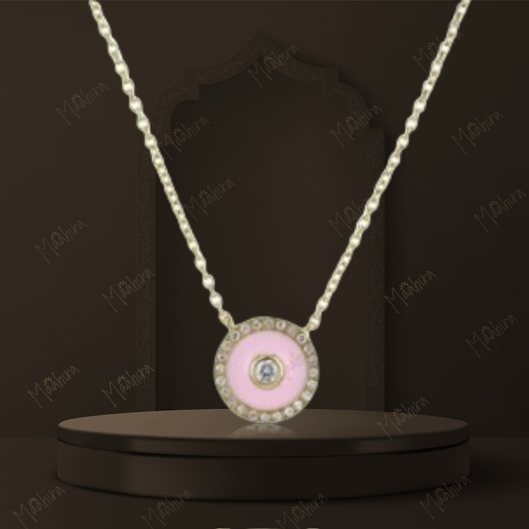 Diamond Pink Enamel Disc Pendant Necklace