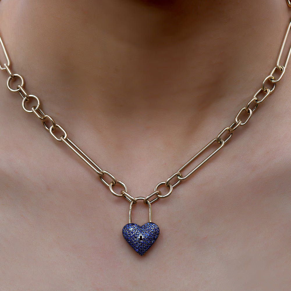 Blue Sapphire Lock Pattern Open/Close Heart Pendant 16x25mm