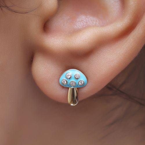 Diamond Mushroom Studs With Green Enamel