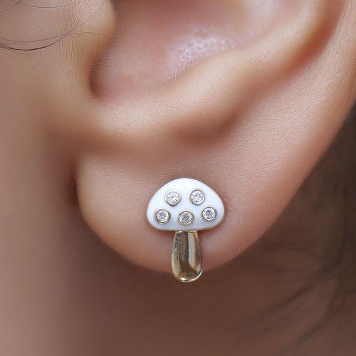 Diamond Mushroom Studs With Green Enamel
