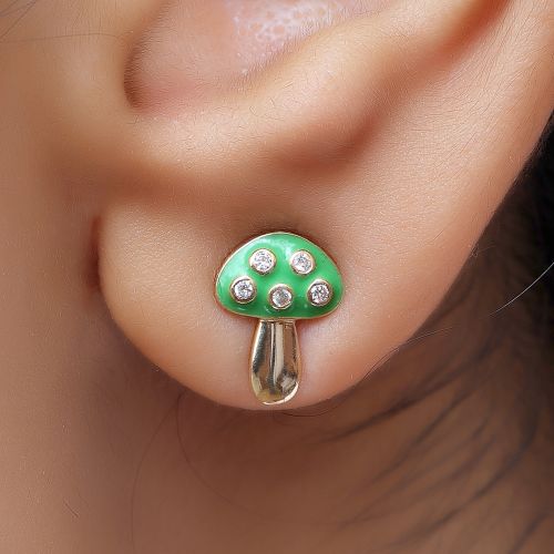Diamond Mushroom Studs With Green Enamel