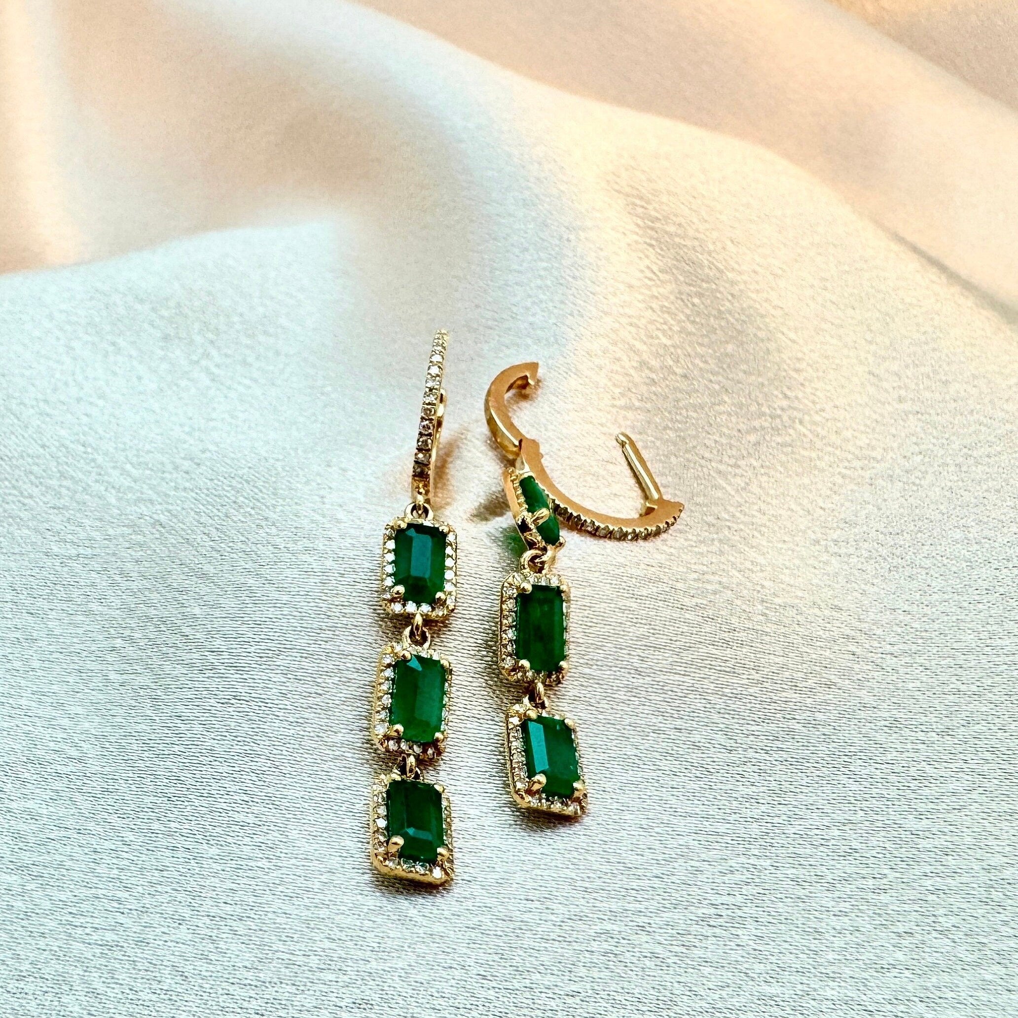 Diamond & Emerald Drop Huggies