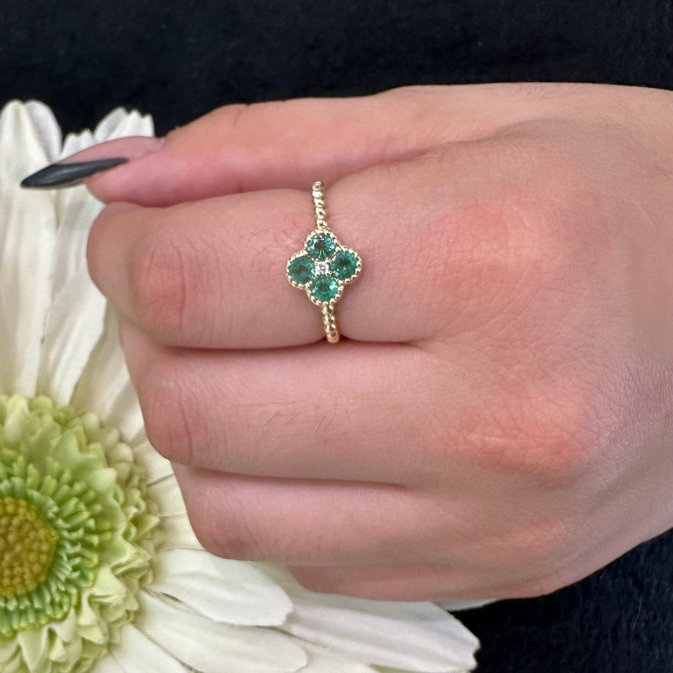 Diamond Emerald Clover Flower Ring - 5