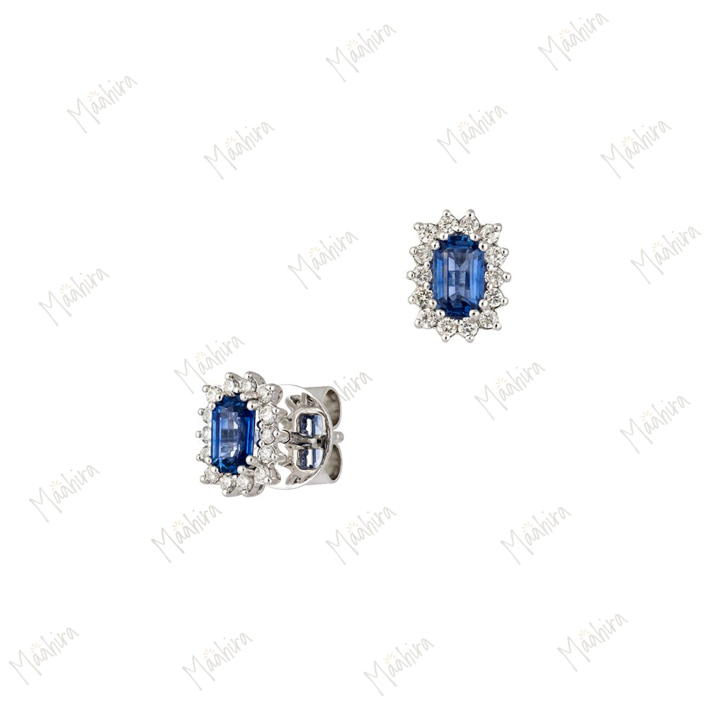Oval Shape Blue Sapphire And Diamond Studs