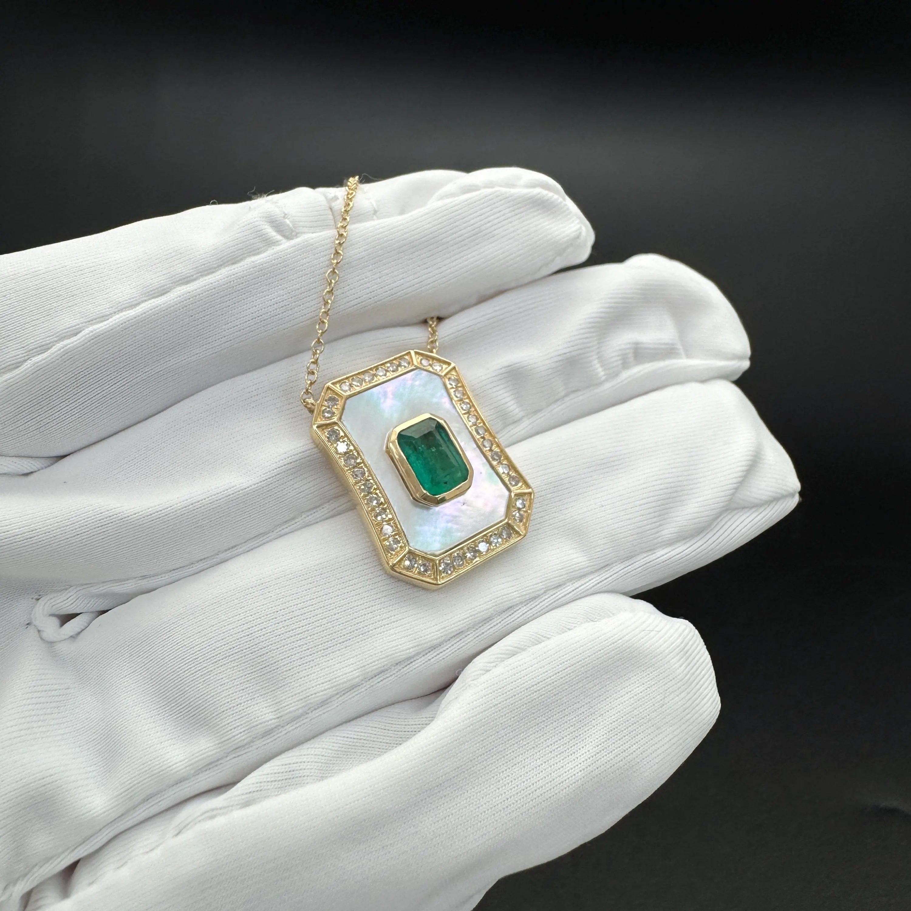 Diamond Emerald Mother Of Pearl Pendant Necklace