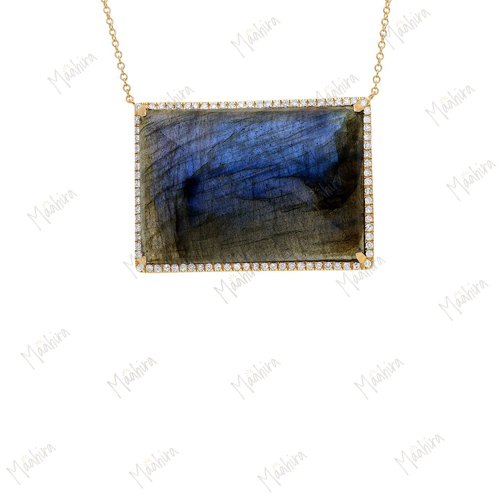 Diamond Labradorite Rectangular Pendant Necklace