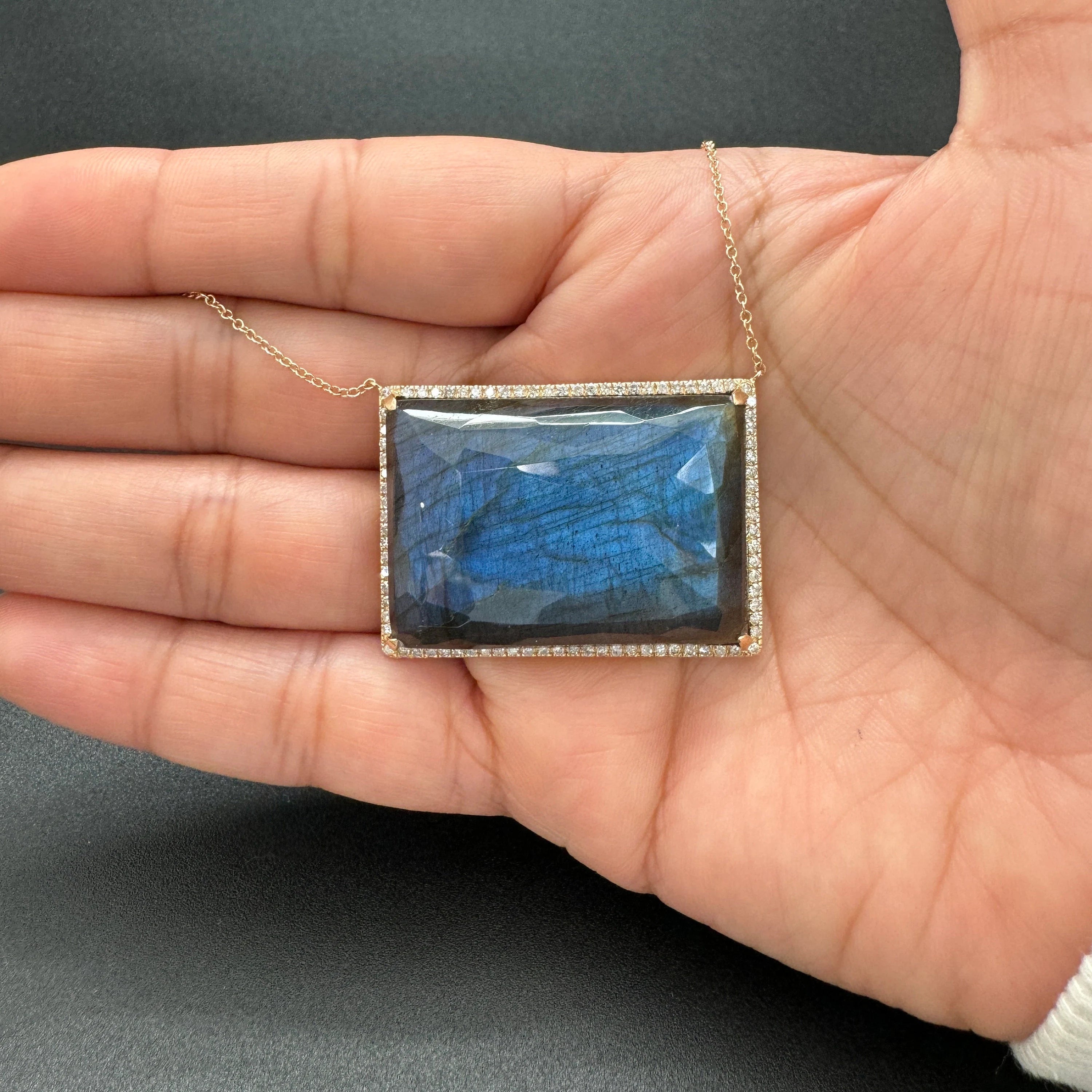 Diamond Labradorite Rectangular Pendant Necklace