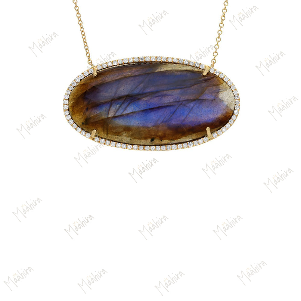 Diamond Labradorite Rectangular Pendant Necklace