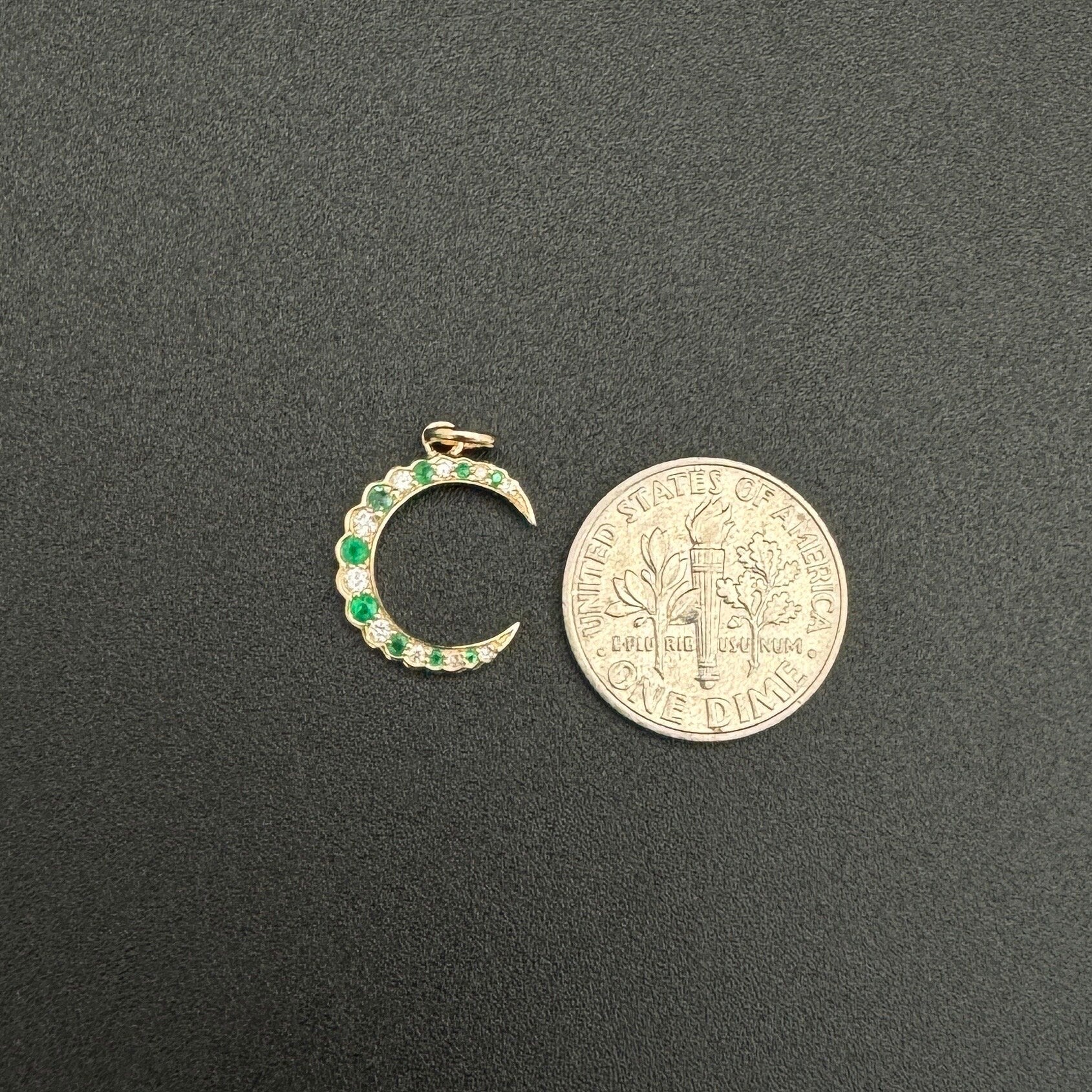 Diamond & Emerald Moon Charm 13.6x5x12mm