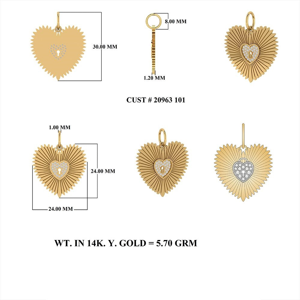 Diamond Heart in Heart Rays Key Hole Pendant 24x24mm