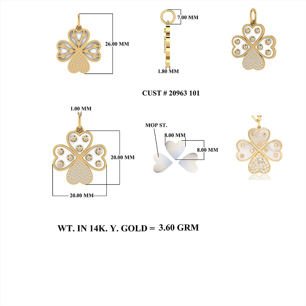 Diamond Mother of Pearl Four Leaf Clover Pendant 20mm
