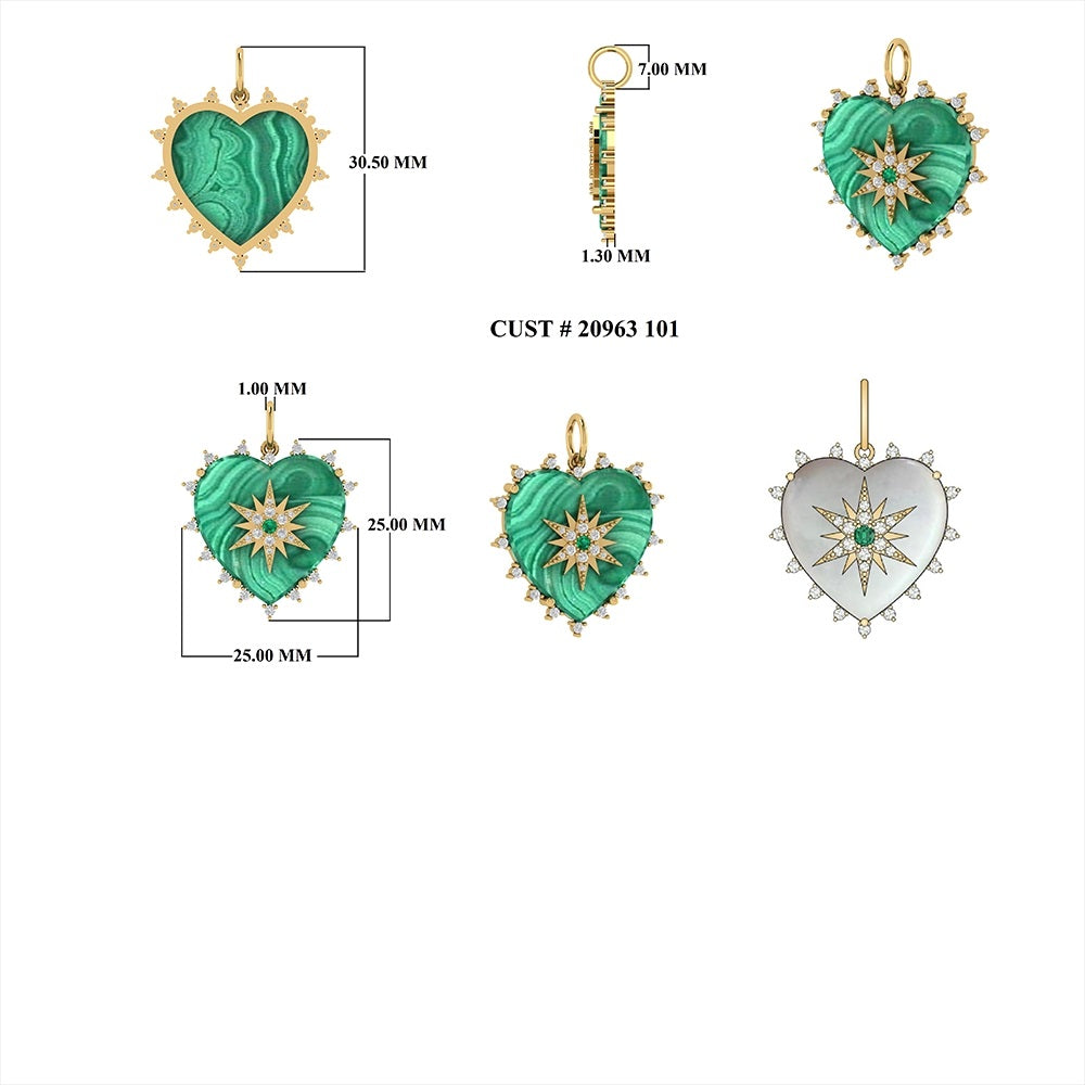Diamond & Emerald Malachite Heart Pendant 24mm