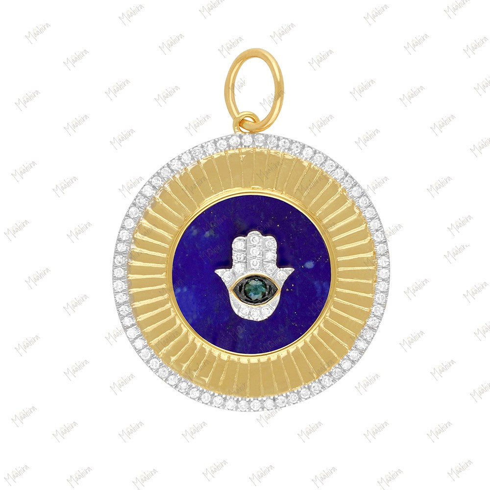 Round Diamond & Blue Sapphire Hamsa Hand Pendant of Lapis 24mm