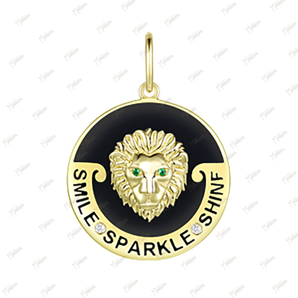 Black Enamel Tsavorite Diamond Lion Head Pendant 20mm