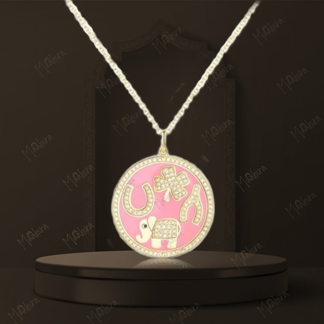 Diamond Pink Enamel Good Luck Charm Disc Pendant