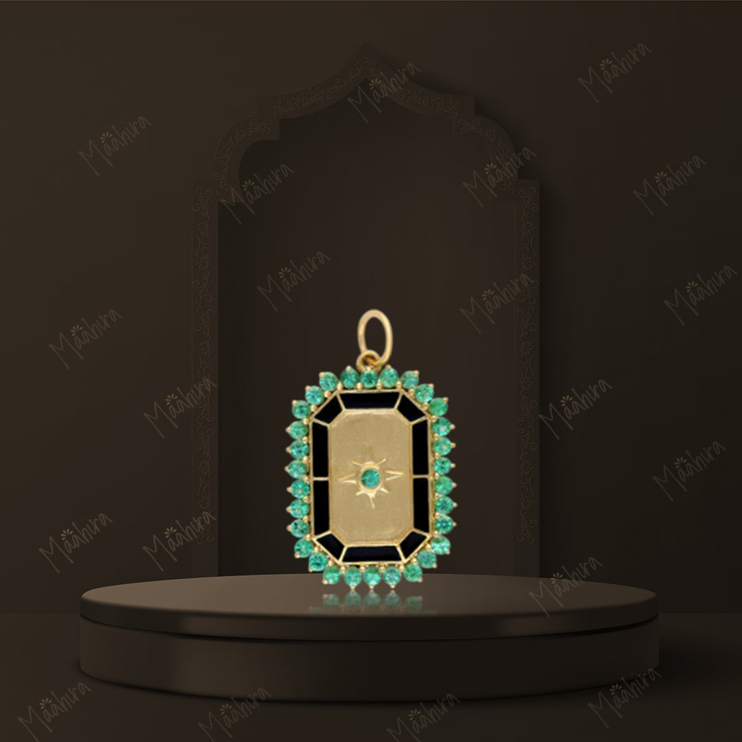 Octagon Shape Emerald & Black Enamel Pendant 18x24mm