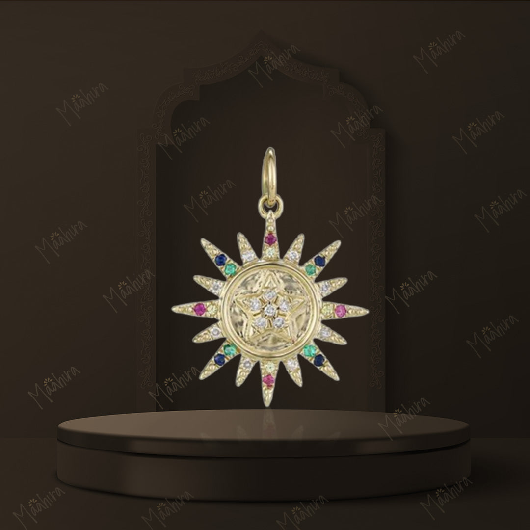 Diamond Multi Sapphire Sun Pendant-15.60mm