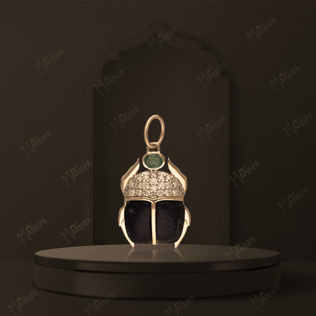 14K Yellow Gold Diamond, Emerald & Lapis Beetle Pendant-15.50x23mm
