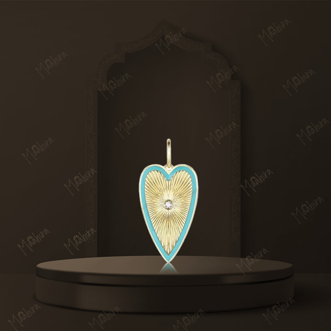 Diamond and Turquoise 318c Enamel Long Heart Rays Pendant 25x12mm