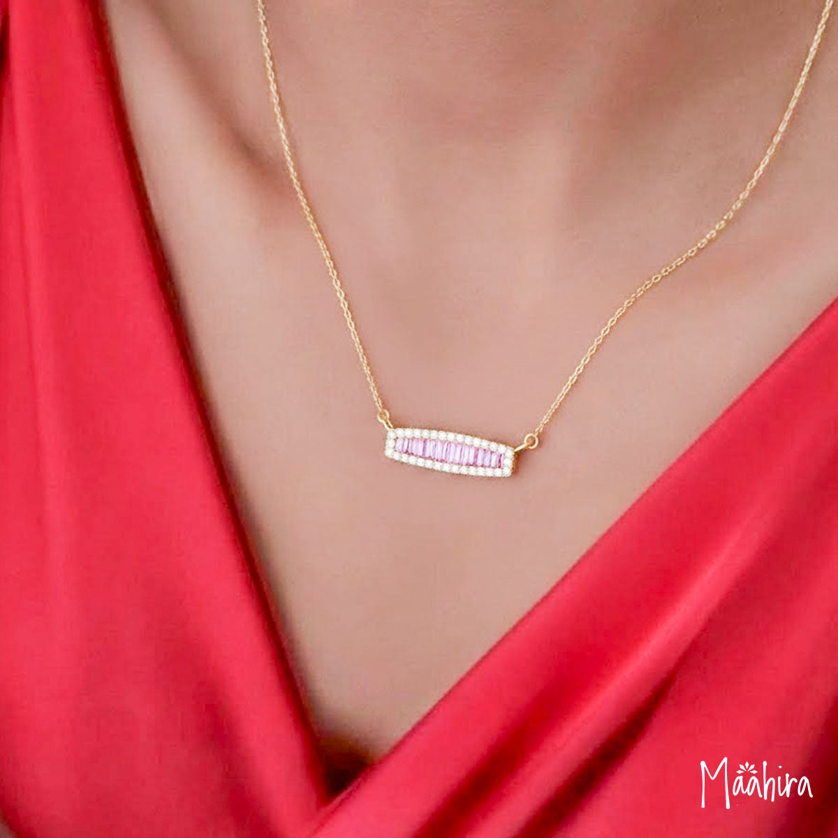 Baguette Pink Sapphire & Diamond Bar Necklace