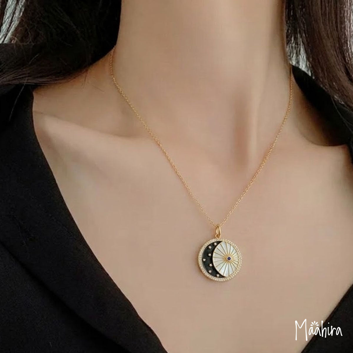 Black Enamel Mother of Pearl/Sapphire/Diamond Moon & Star Pendant 24mm
