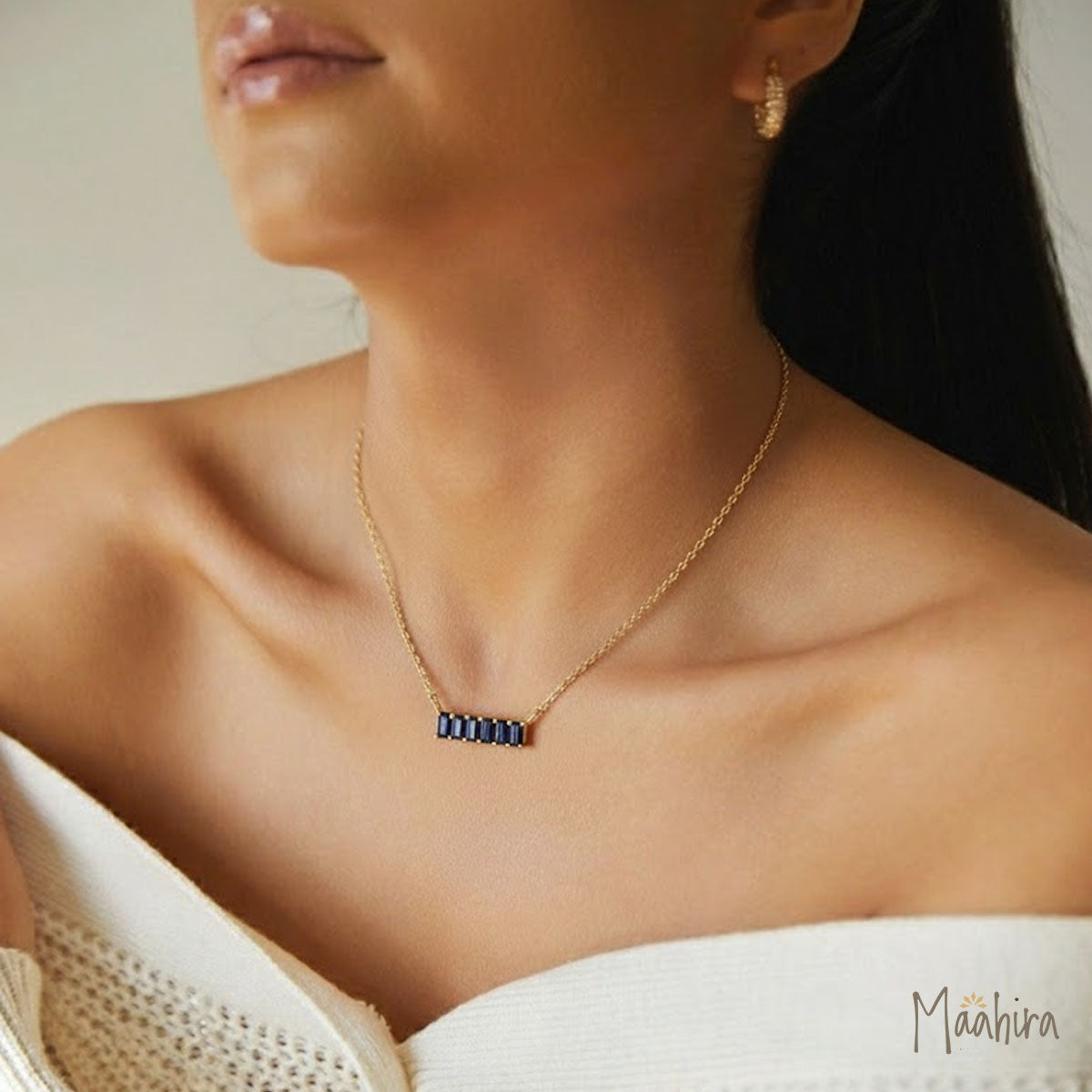 Blue Sapphire Baguette Necklace 10.20x3.20mm