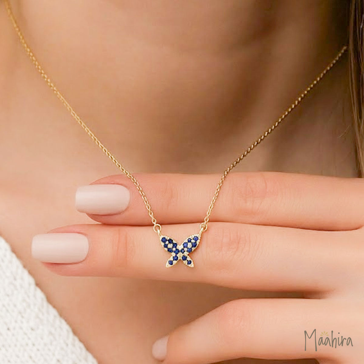 Blue Sapphire butterfly necklace 9.50x7.20mm