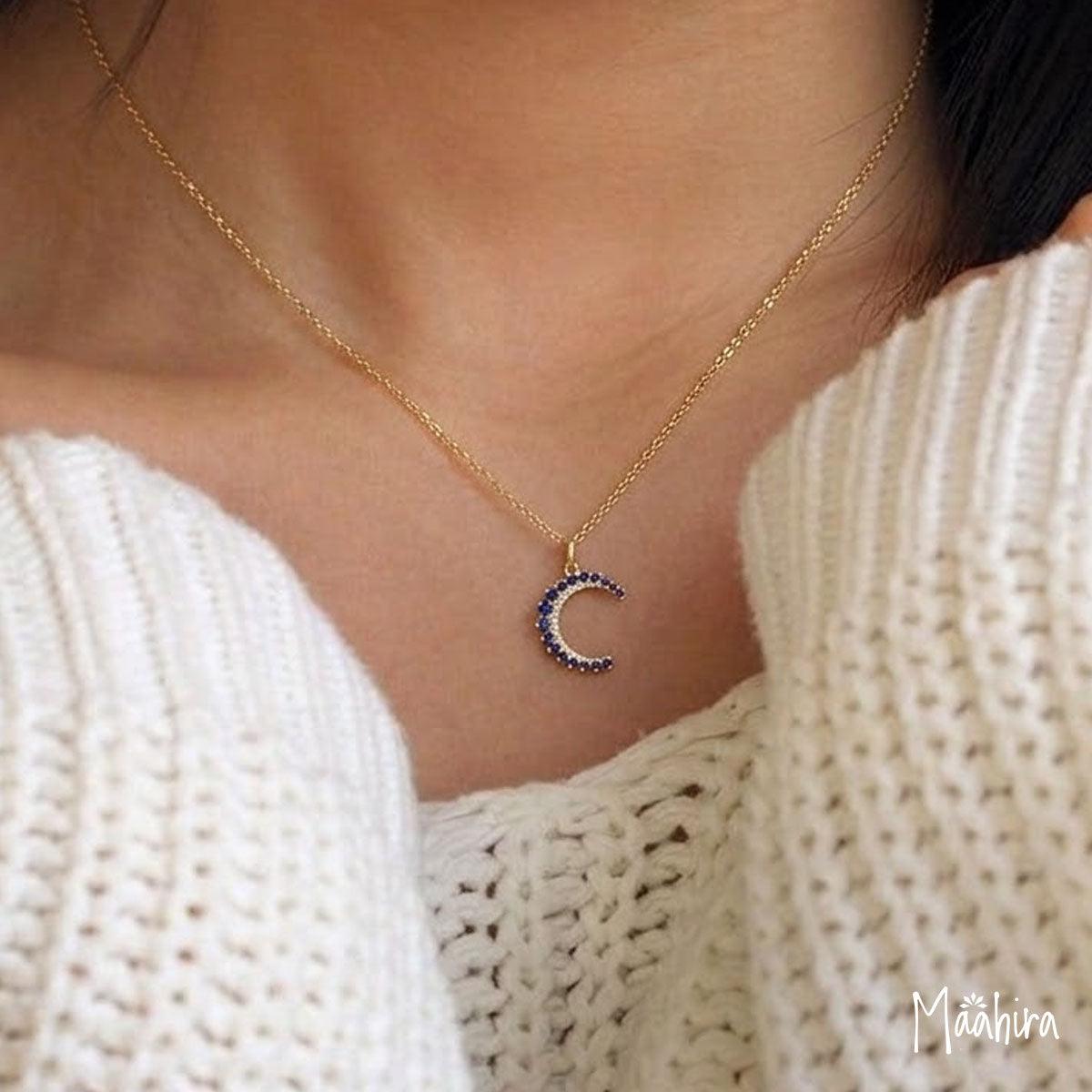 Diamond & Blue Sapphire Moon Pendant 25x27mm