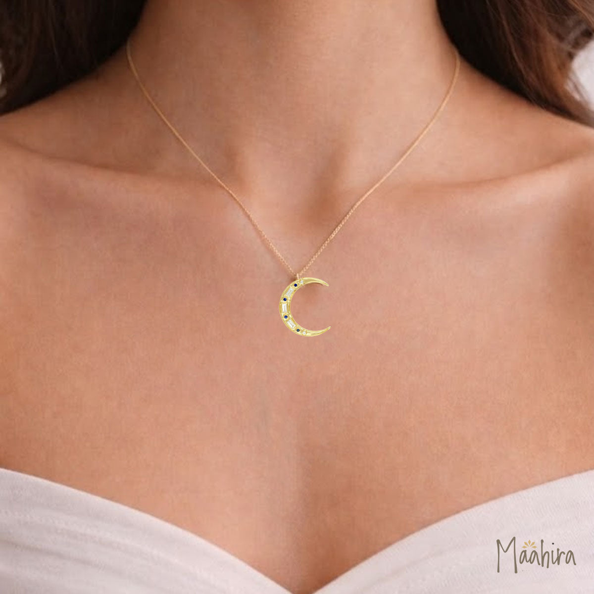 Diamond & Blue Sapphire Moon Pendant 23x27mm